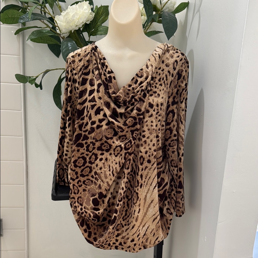 Jones New York Brown and Tan Asymmetrical Blouse